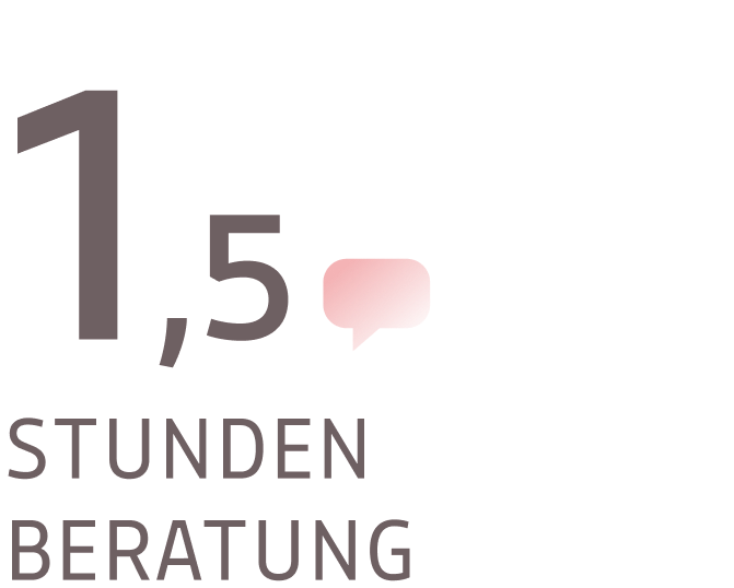 Grafik mit Sprechblasen Icon, auf der 1,5 Stunden Beratung steht