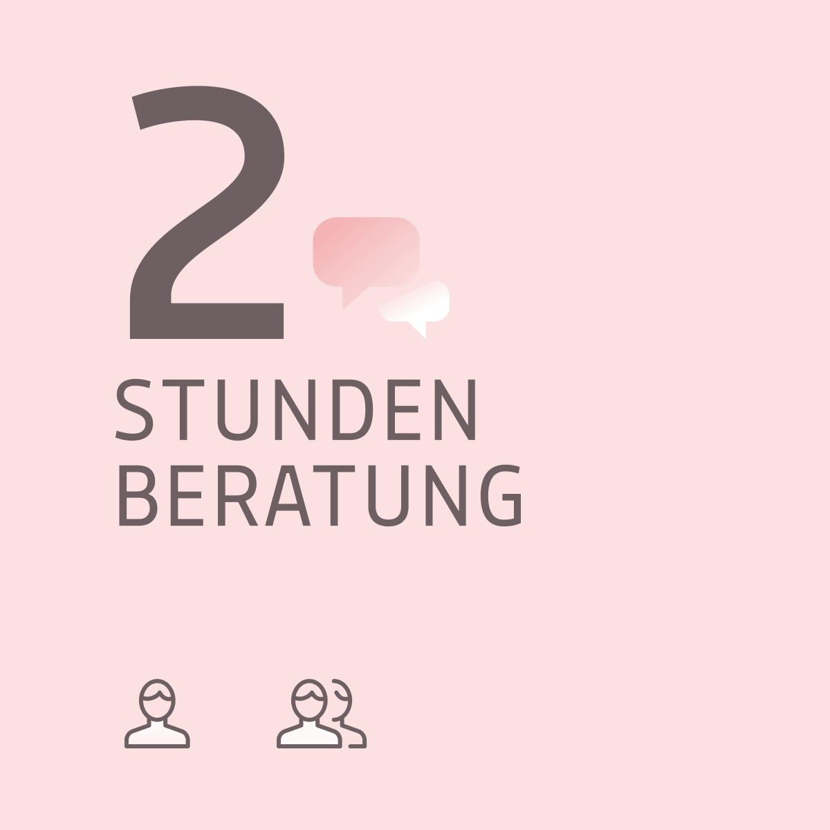 Grafik für das Produkt 2 Stunden Beratung. Zu sehen sind zwei Sprechblasen auf hellrosa Hintergrund bit der Stundenanzahl.