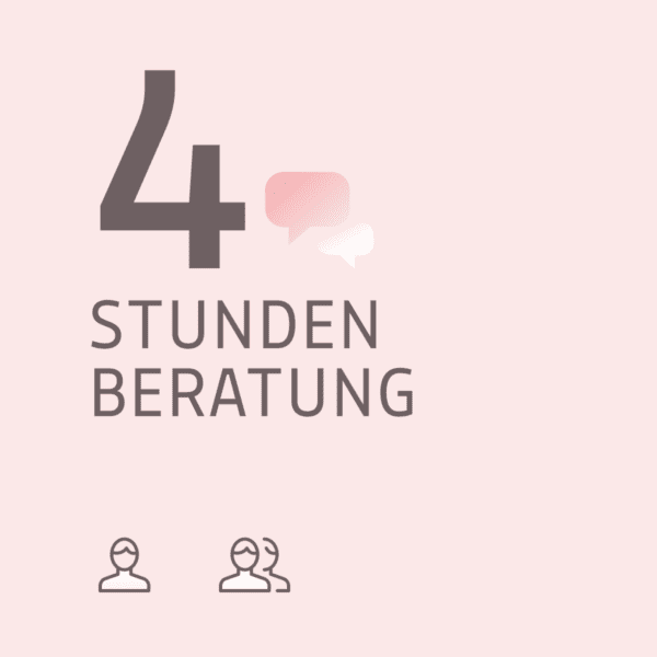 Grafik für das Produkt 4 Stunden Beratung. Zu sehen sind zwei Sprechblasen auf hellrosa Hintergrund bit der Stundenanzahl.