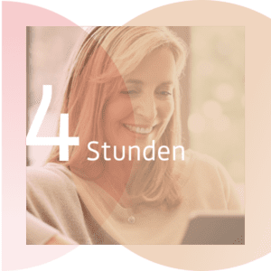 Grafik für die 4 Stunden Beratung. Im Hintergrund ein Foto einer Frau, mittleren alters, chattet per Video am Tablet