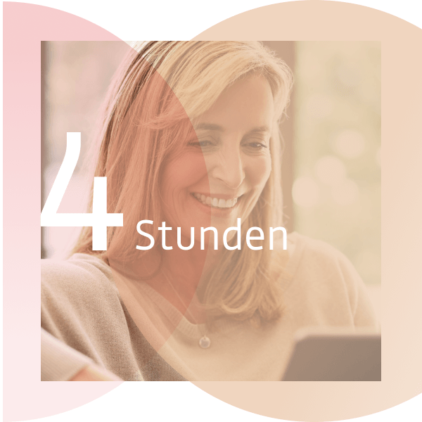 Grafik für die 4 Stunden Beratung. Im Hintergrund ein Foto einer Frau, mittleren alters, chattet per Video am Tablet