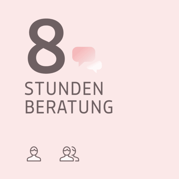 Grafik für das Produkt 8 Stunden Beratung. Zu sehen sind zwei Sprechblasen auf hellrosa Hintergrund bit der Stundenanzahl.