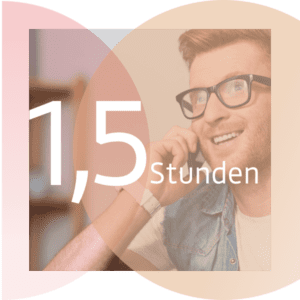 Grafik für die 1,5 Stunden Beratung. im Hintergrund ein Foto mit einem rothaarigen Mann, der telefoniert und gestikuliert freundlich lächelt.